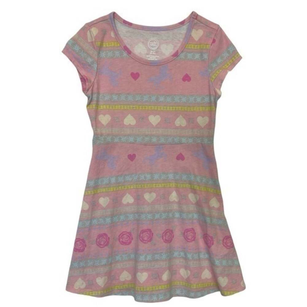 Pink Hearts Unicorns Dress Girl’s Size 6 pastel short sleeve